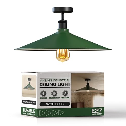 Industrial LED Flush Mount Ceiling Light Fixture ~6449 – Green / With Bulb