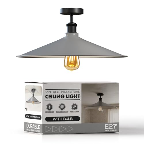 Industrial LED Flush Mount Ceiling Light Fixture ~6449 – Grey / With Bulb