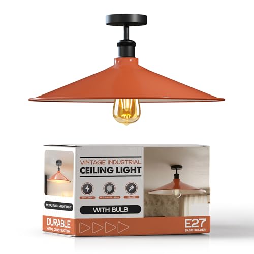 Industrial LED Flush Mount Ceiling Light Fixture ~6449 – Orange / With Bulb