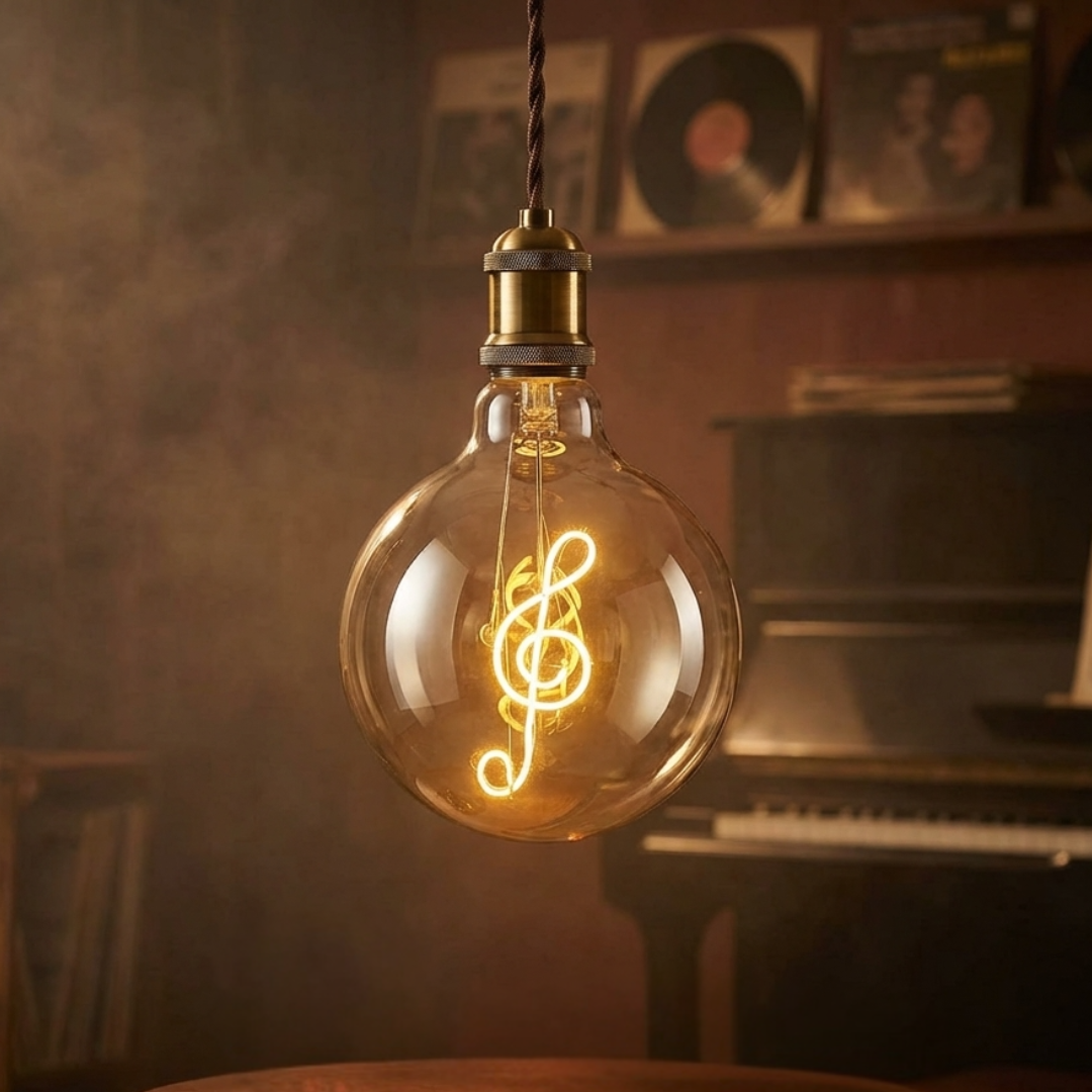Vintage-Music style light bulb with treble clef design in a warm setting