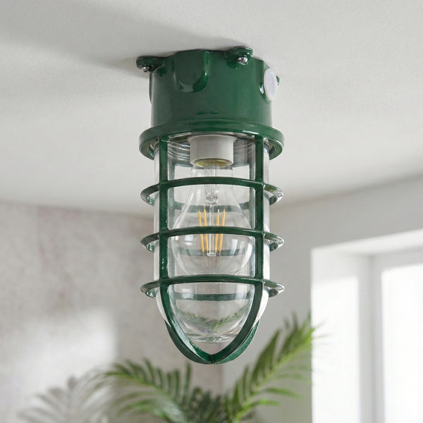 Nautical Bulkhead Flush Mount Ceiling Light Wire Cage E27 ~6546 – Green