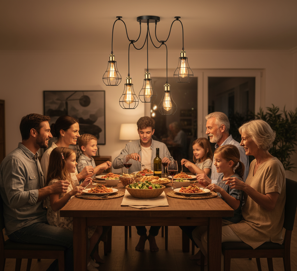 Family gathered around a dinner table in a warmly lit room.