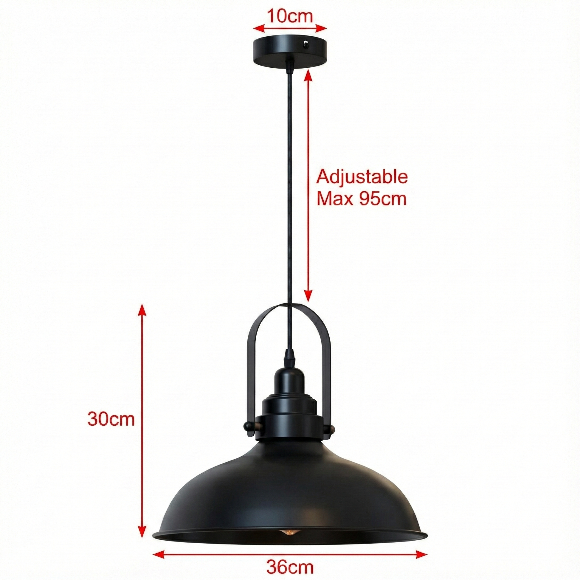 Black pendant light with adjustable measurement details on a white background