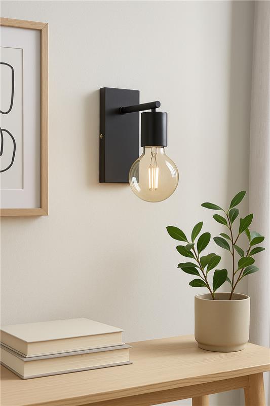 Aplique de pared con base de madera, E27, soporte de rosca, lámpara industrial, luces retro, negro ~1569 