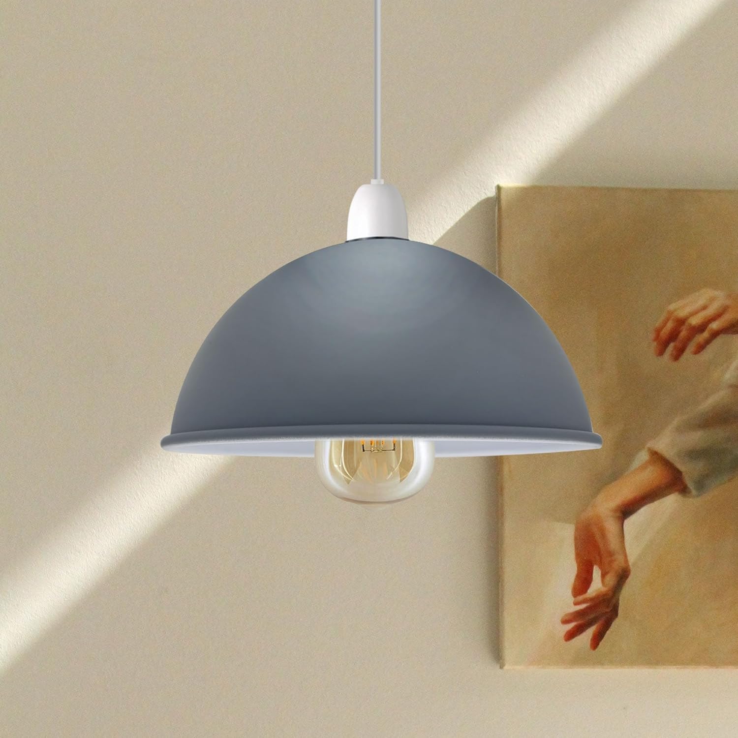 Gray pendant light hanging in a room with a painting on the wall grey 30cm dome light shade, easy fit grey metal lampshade, 300mm retro pendant light cover grey, industrial ceiling shade grey, E27 easy fit shade grey