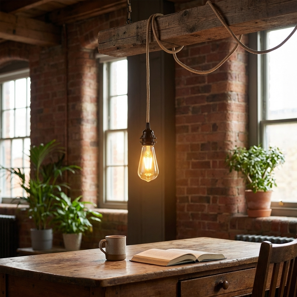 Vintage-style light bulb hanging above a wooden desk with a book and mug, against a brick wall.