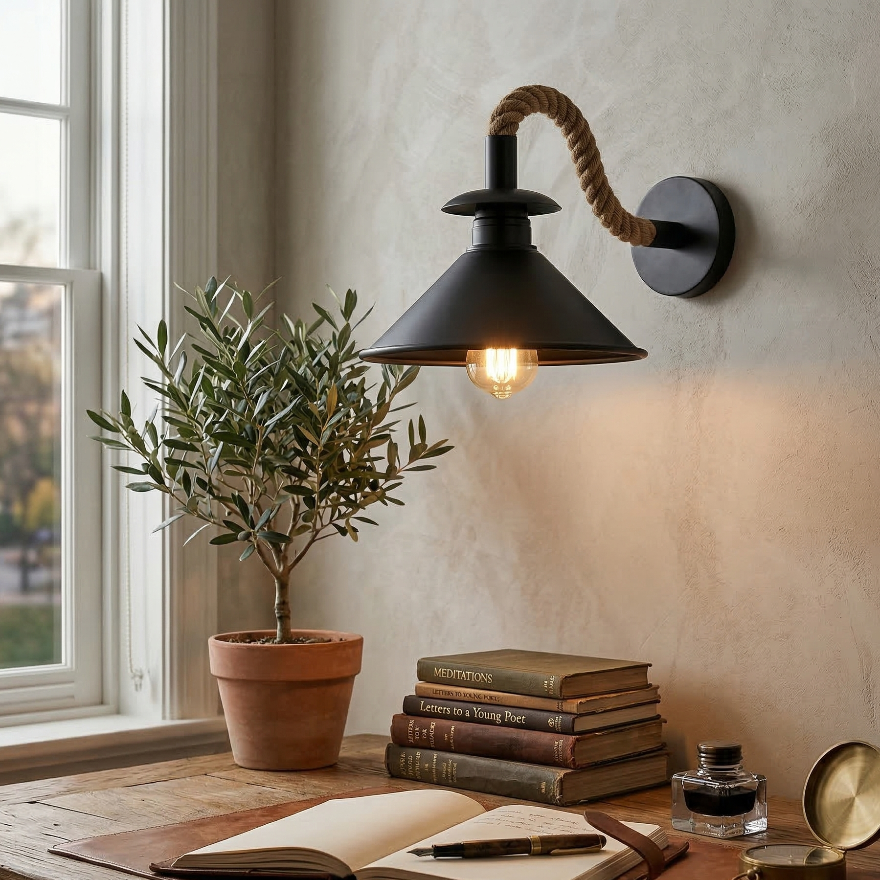 Desk with open book, pen, and small plant near a wall sconce.