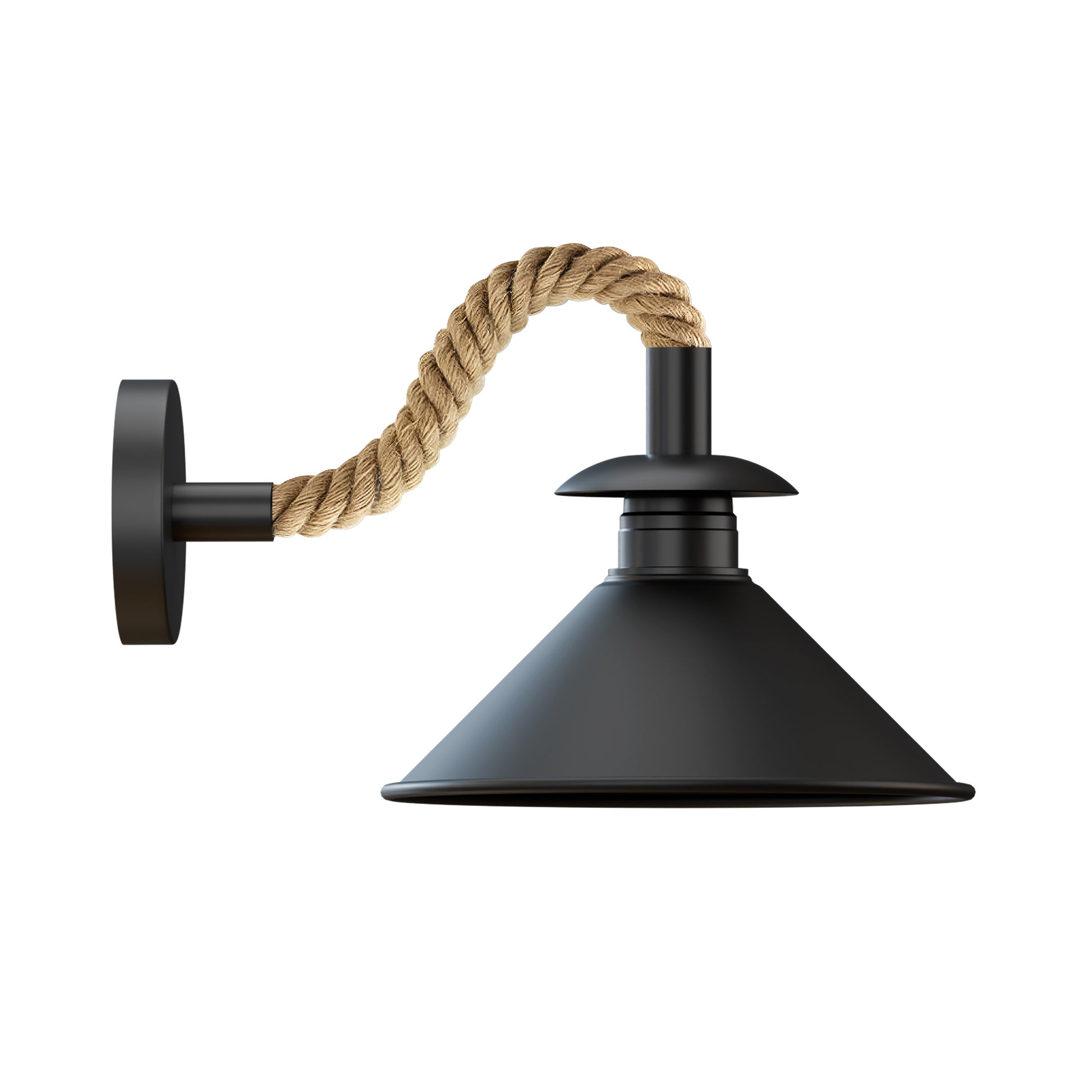Black wall-mounted lamp with a rope handle on a white background
