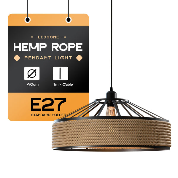 Vintage Industrial Hemp Rope Cage Pendant Lamp E27 Adjustable~5949 – 40 cm / No