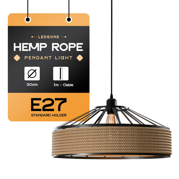 Vintage Industrial Hemp Rope Cage Pendant Lamp E27 Adjustable~5949 – 30 cm / No