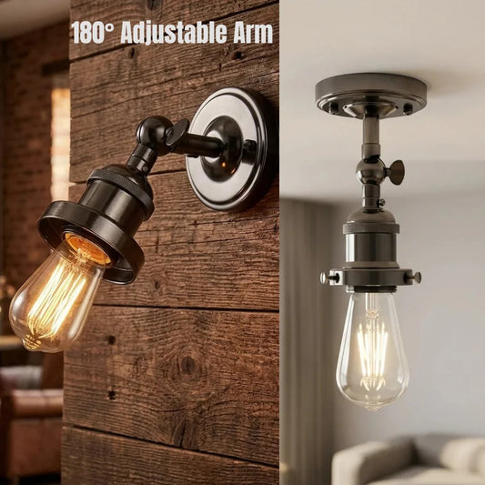 Industrial-style adjustable wall and ceiling light fixture with a clear glass bulb, shown mounted on a rustic wood wall and installed on a ceiling in a room. Text reads '180° Adjustable Arm'.