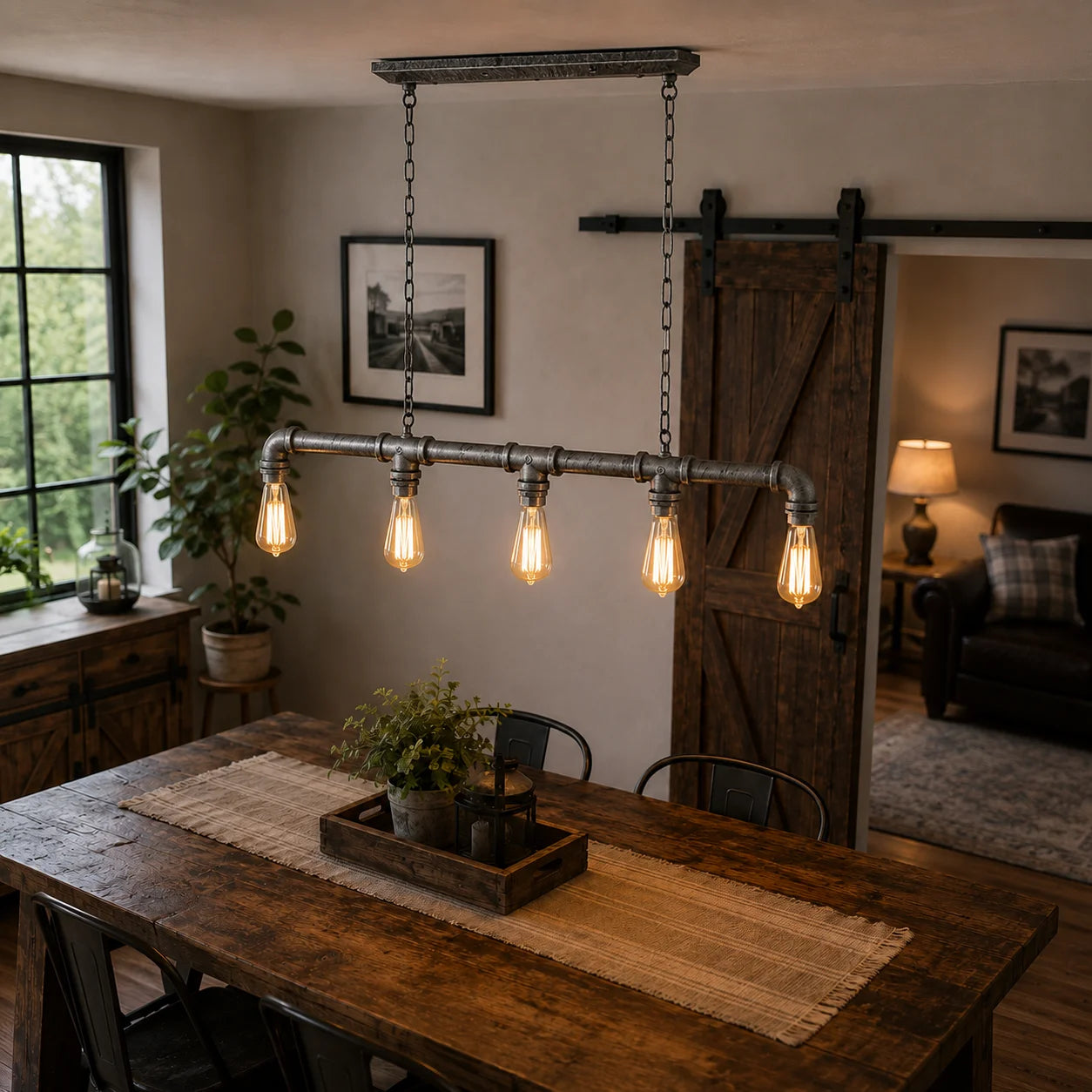 Industrial-style dining room light fixture with 5 exposed Edison bulbs hanging over a rustic wooden dining table in a cozy home interior.