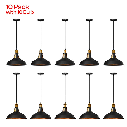 Pack of 10 Industrial Matte Black Warehouse Pendant Light with Gold Inner ~6944