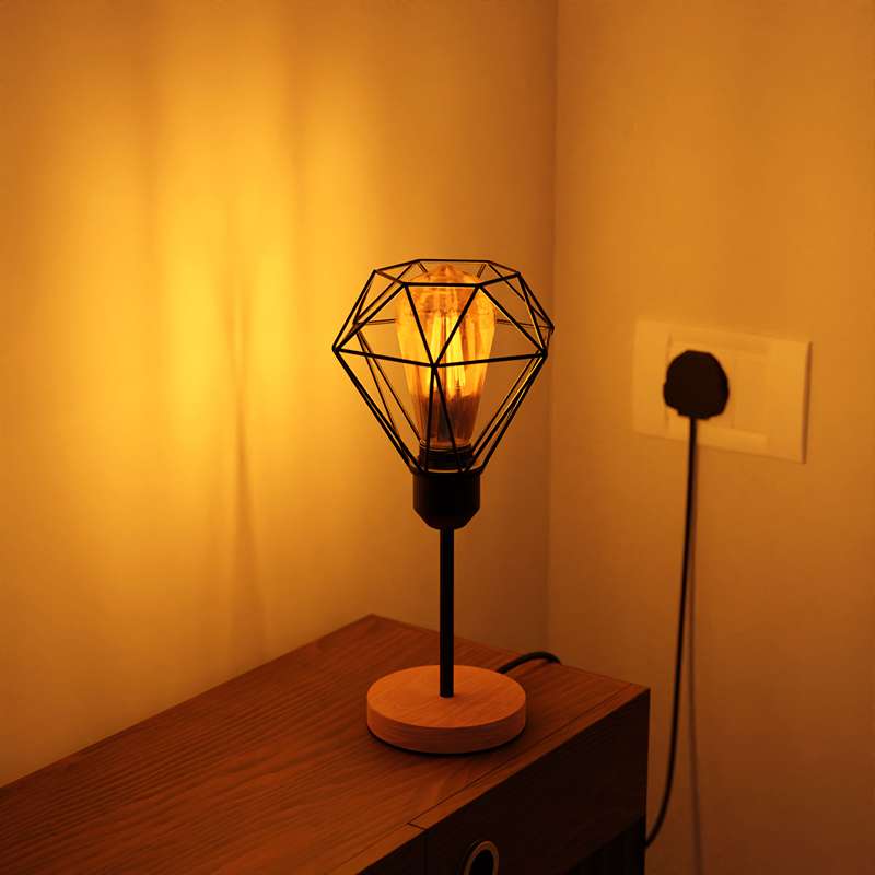 Metal Diamond Cage Black Holder Wood Stand Table Lamp Bedside Desk Lamp Light-Application 2