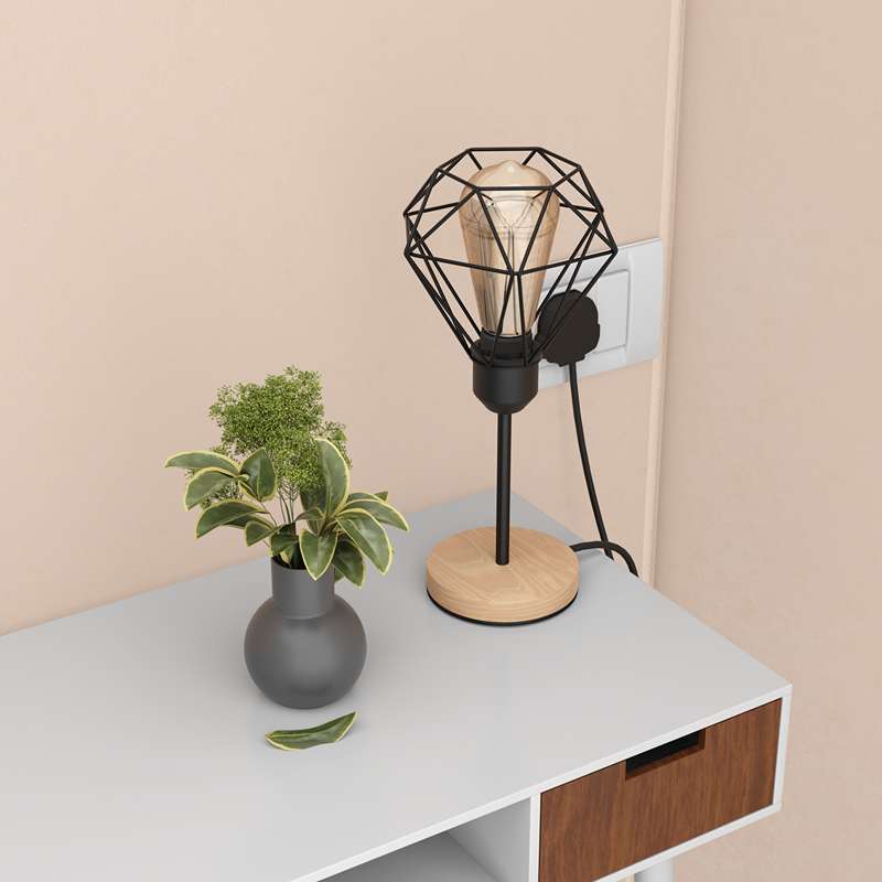Metal Diamond Cage Black Holder Wood Stand Table Lamp Bedside Desk Lamp Light-Application 3