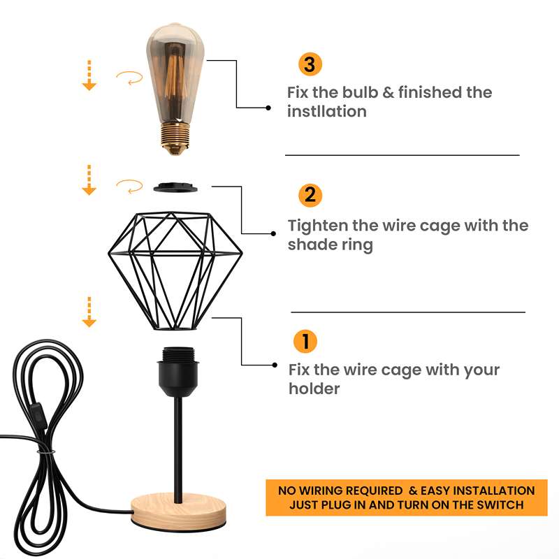 Metal Diamond Cage Black Holder Wood Stand Table Lamp Bedside Desk Lamp Light-Details Image 