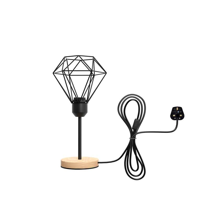Metal Diamond Cage Black Holder Wood Stand Table Lamp Bedside Desk Lamp Light