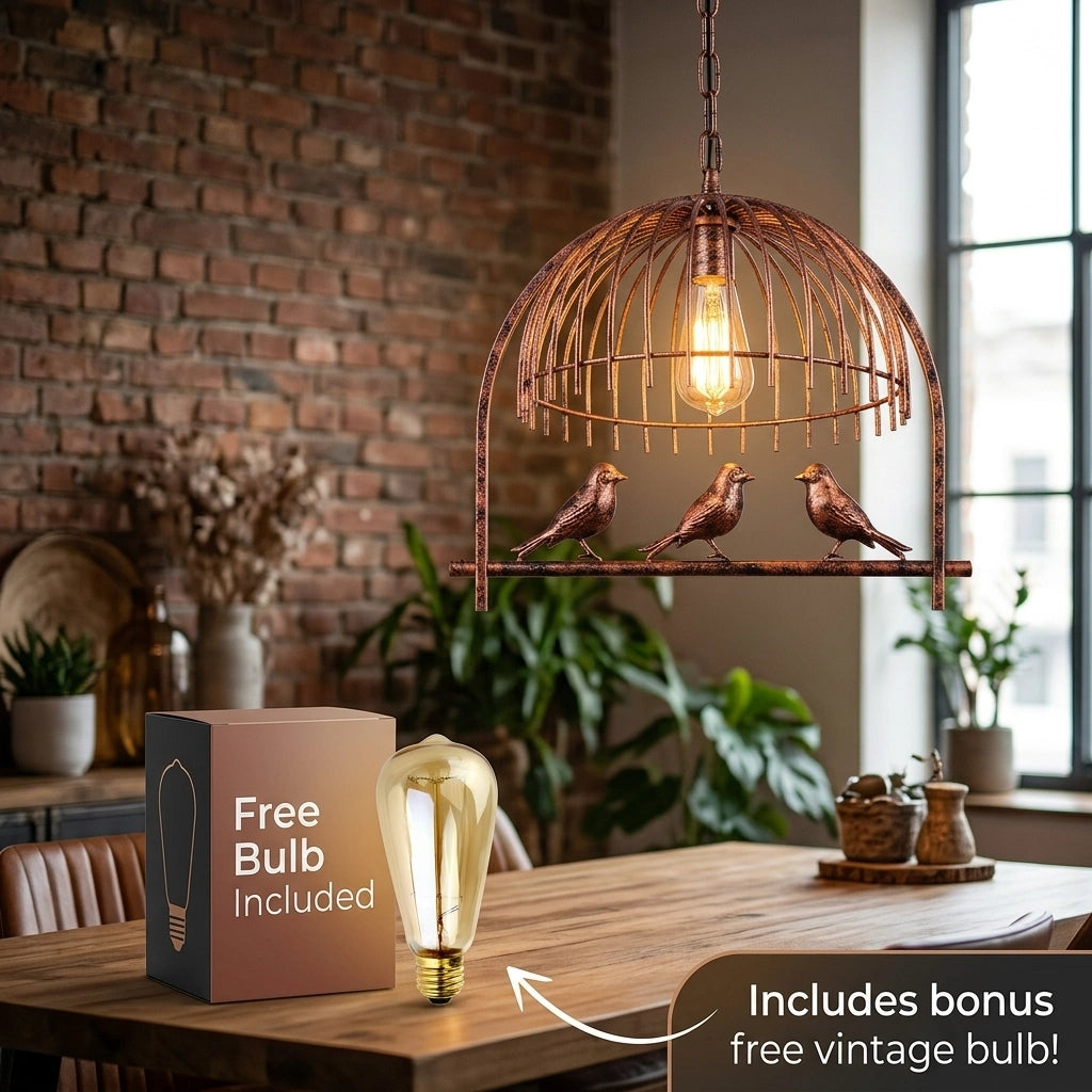 A rustic birdcage-style pendant light with three small bird figurines hanging over a wooden table in a real indoor room with a brick wall and window. A box reading 'Free Bulb Included' and a loose vintage-style bulb sit on the table, with a promotional badge in the corner.