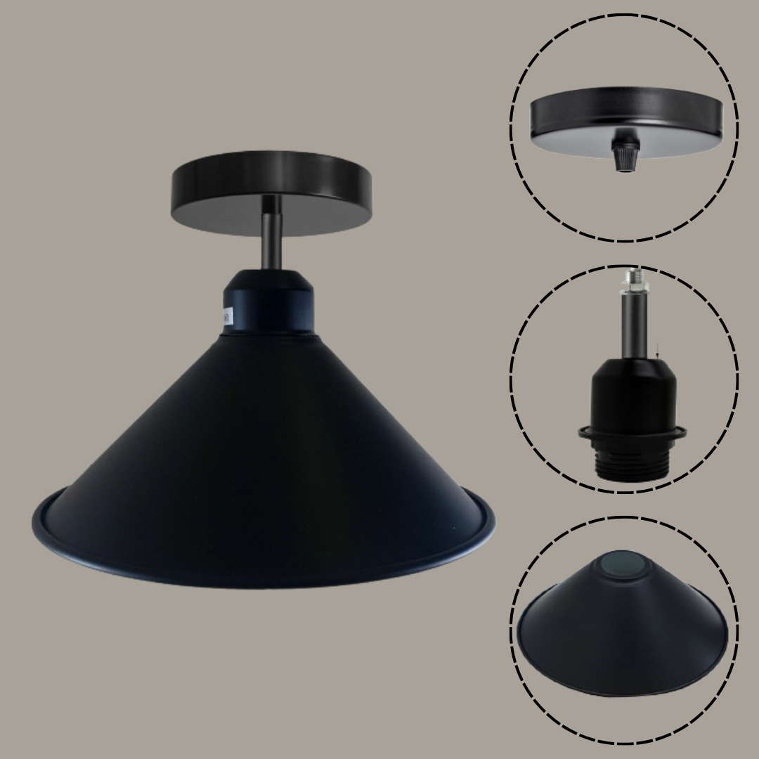 An industrial black cone shade flush mount ceiling light fixture is displayed with an exploded view showing its disassembled components: the ceiling plate, the socket assembly, and the cone shade.