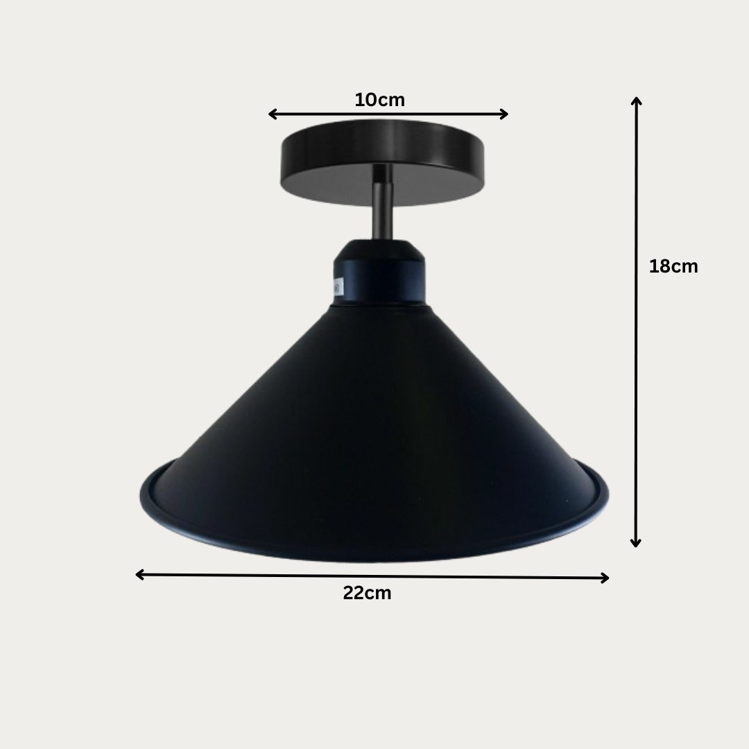 A black cone shade flush mount ceiling light fixture is shown with its dimensions: 10cm base diameter, 18cm height, and 22cm shade diameter.