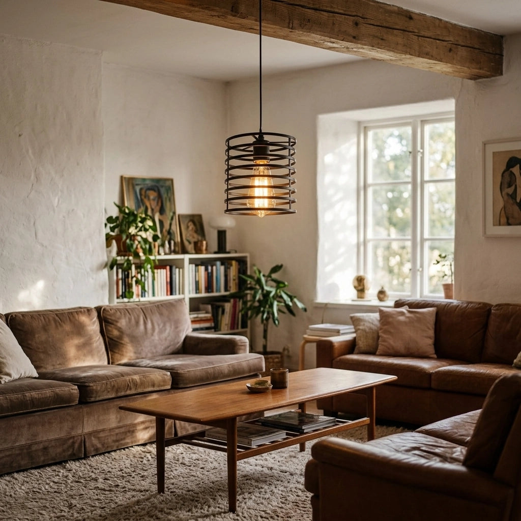 A modern cylindrical black wire cage pendant light glowing with warm light, hanging in a cozy, sunlit living room with brown leather sofas, a wooden coffee table, and a textured rug.