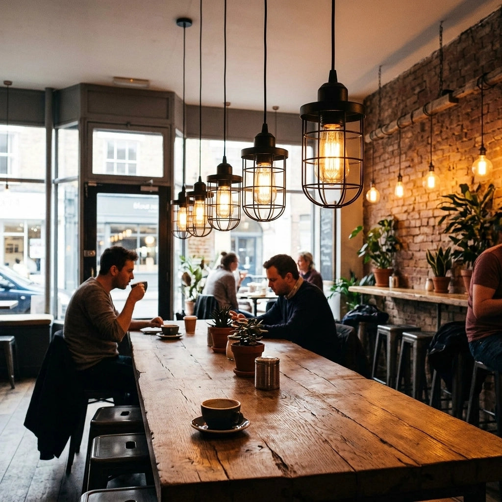People sitting at a wooden table in a cozy cafe with hanging lights and a brick wall.