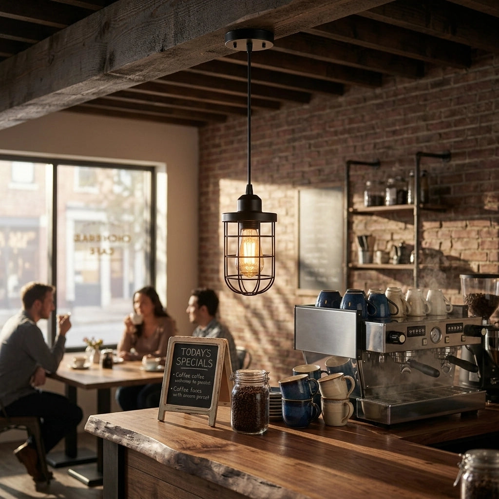 Coffee shop interior with customers at a counter and a coffee machine.