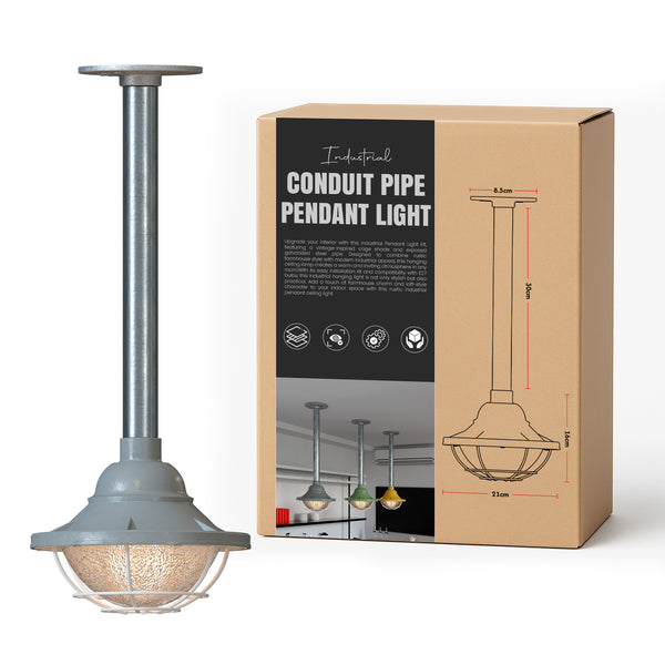 Industrial Pipe Pendant Light with Metal 21cm cage Hanging Conduit Set ~ 6112 – Grey / 30cm / No