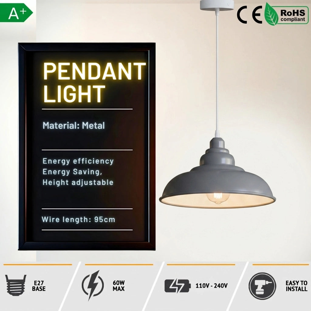 A pendant light product listing graphic showing a gray metal dome-style hanging lamp on the right and a black informational panel on the left reading 'PENDANT LIGHT' with material, energy efficiency, wire length, and power specs. Certification marks CE and RoHS are visible at the top, and installation icons appear along the bottom.