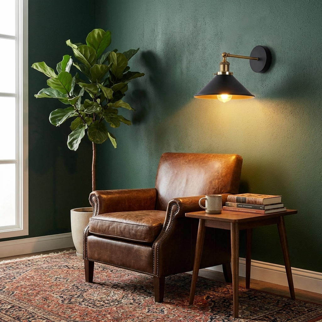 Brown leather armchair with a wooden side table against a green wall with a lamp.
