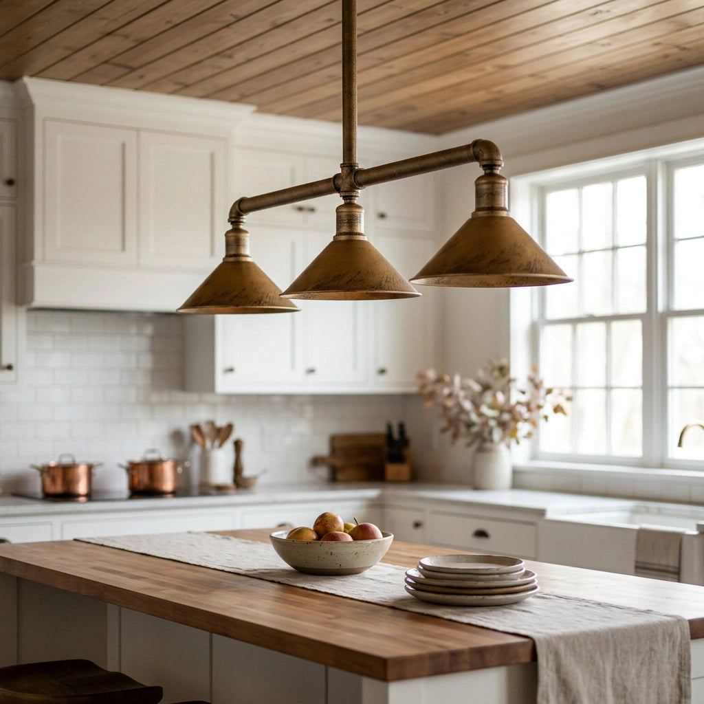 Modern kitchen with wooden pendant lights, white cabinets, and a window.