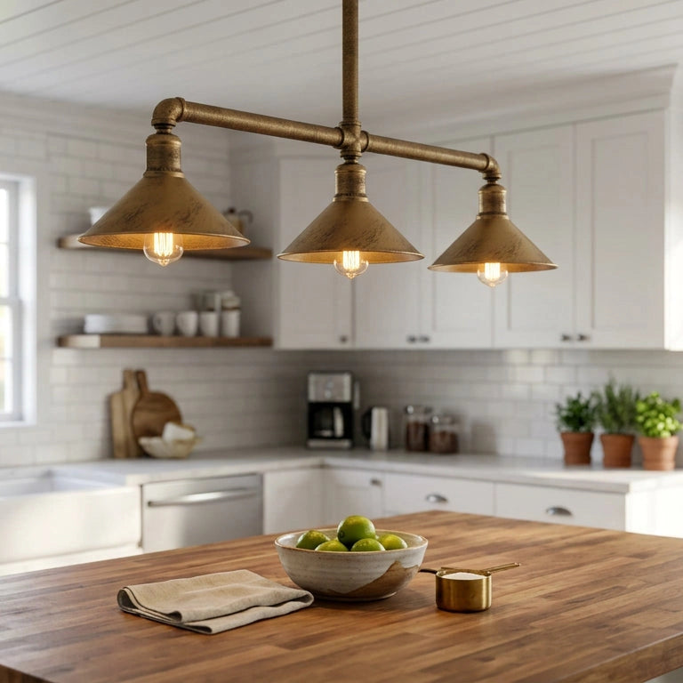 Kitchen with wooden island, bowl of apples, and industrial-style pendant lights.