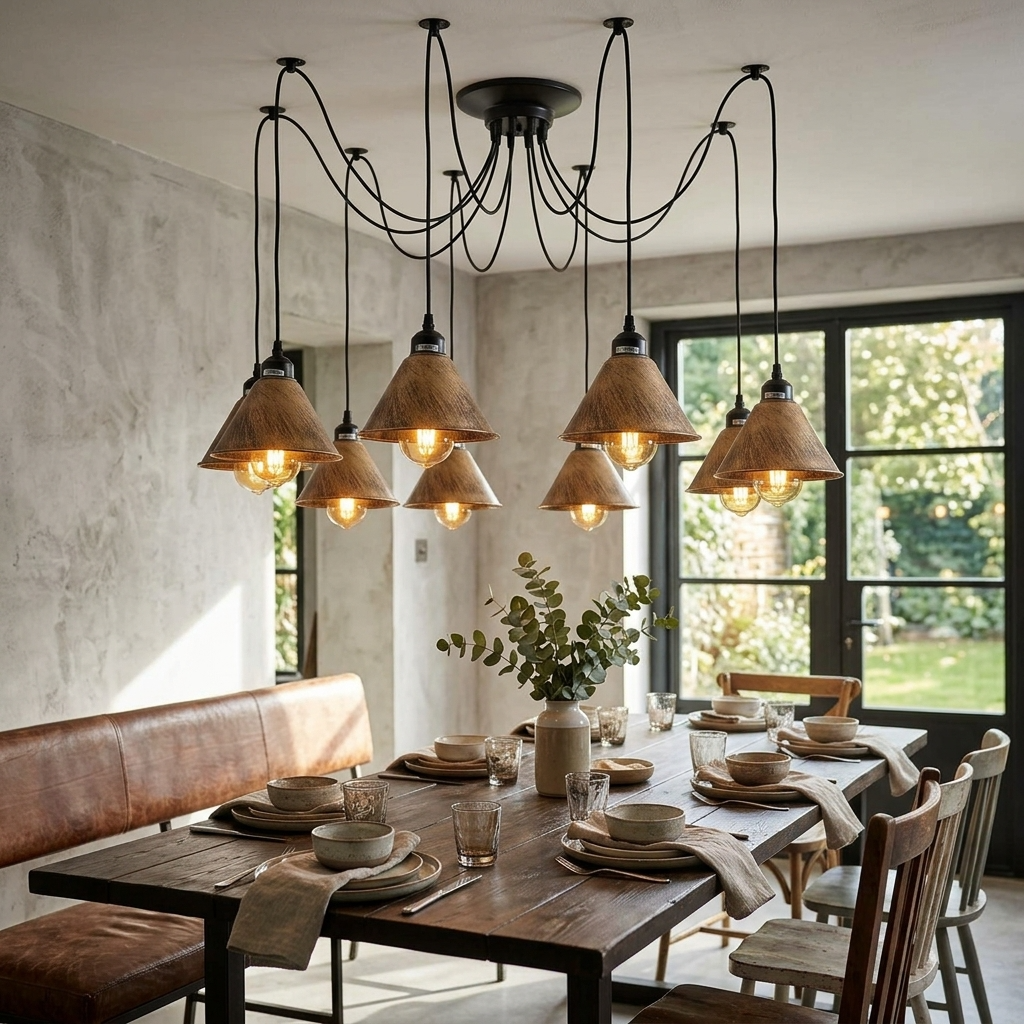 A multi-light pendant chandelier with warm wood-look conical shades and black metal arms hangs over a rustic dining table in a modern farmhouse-style dining room.