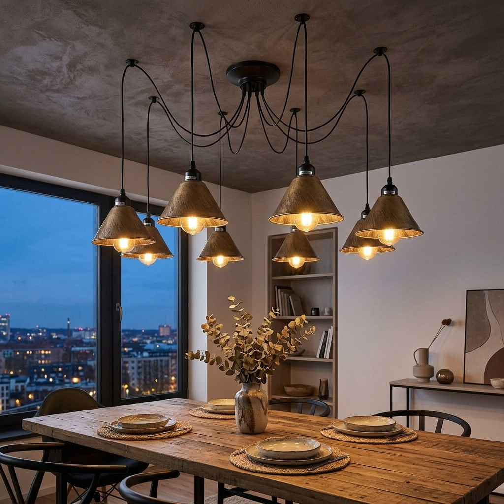 A modern multi-light pendant chandelier with seven warm glowing conical shades and black curved arms, hanging over a wooden dining table in a stylishly decorated room with a city view at dusk.