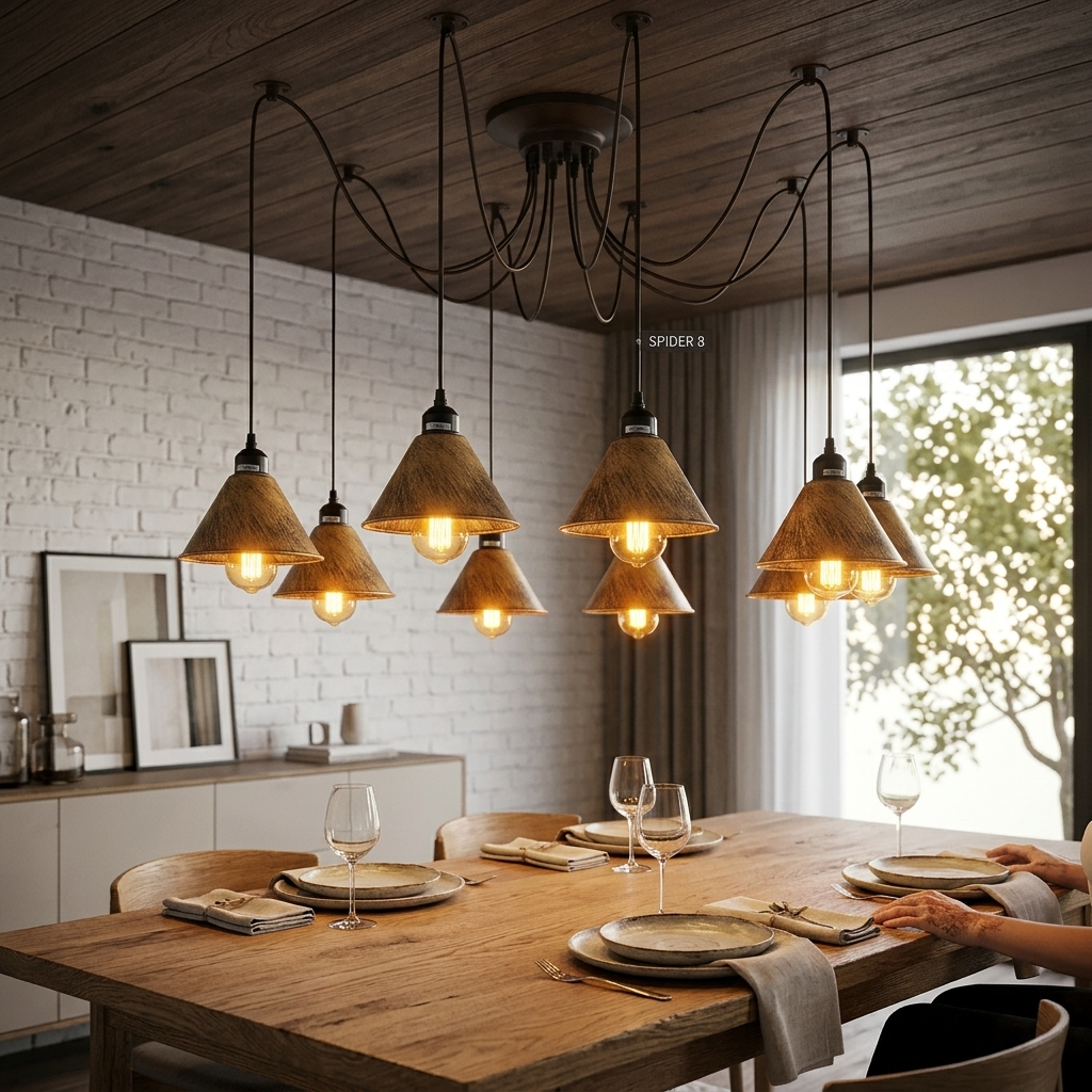 A modern multi-light dining room scene with a large cluster pendant chandelier hanging over a wooden dining table. The chandelier has multiple warm glowing Edison-style bulbs in conical woven shades, suspended from black metal arms against a dark wood ceiling.