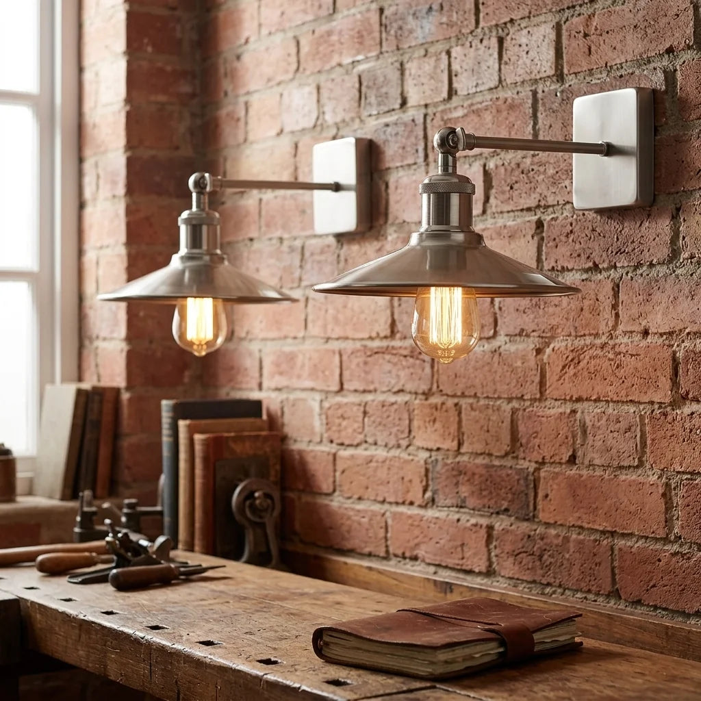 Two industrial-style wall sconces with brushed metal shades and glowing filament bulbs mounted on a red brick wall above a rustic wooden workbench with books and tools.