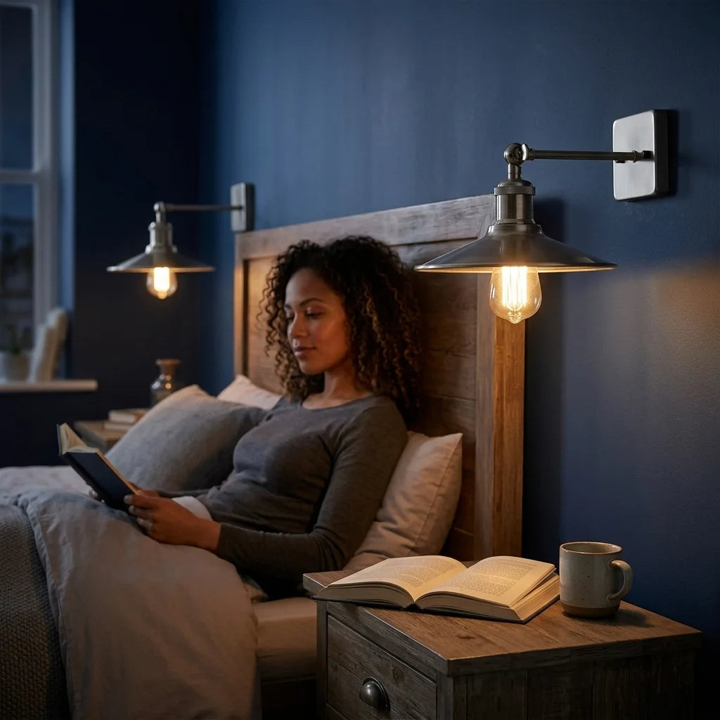 A woman relaxes in bed reading under a wall-mounted industrial-style swing-arm lamp with a warm glowing bulb, set in a cozy bedroom with a dark blue wall and wooden headboard.