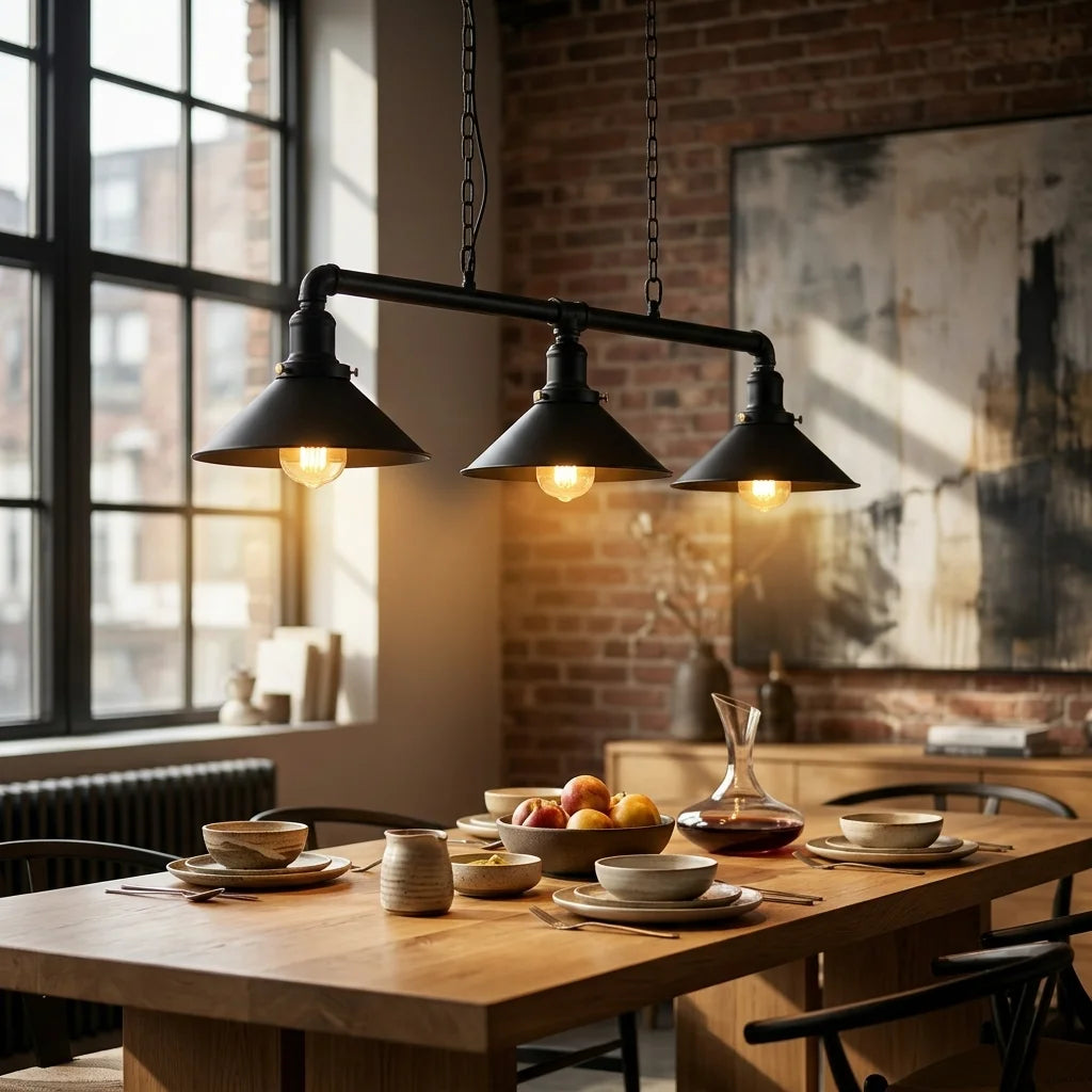 Dining room with a wooden table, chairs, and a pendant light fixture.