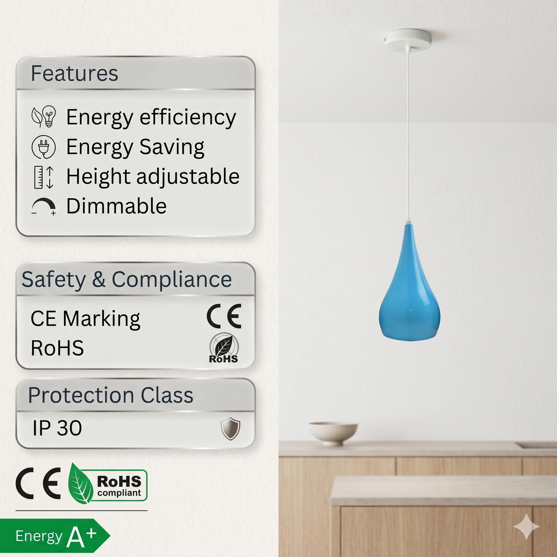Blue pendant light with features and compliance details on a white background