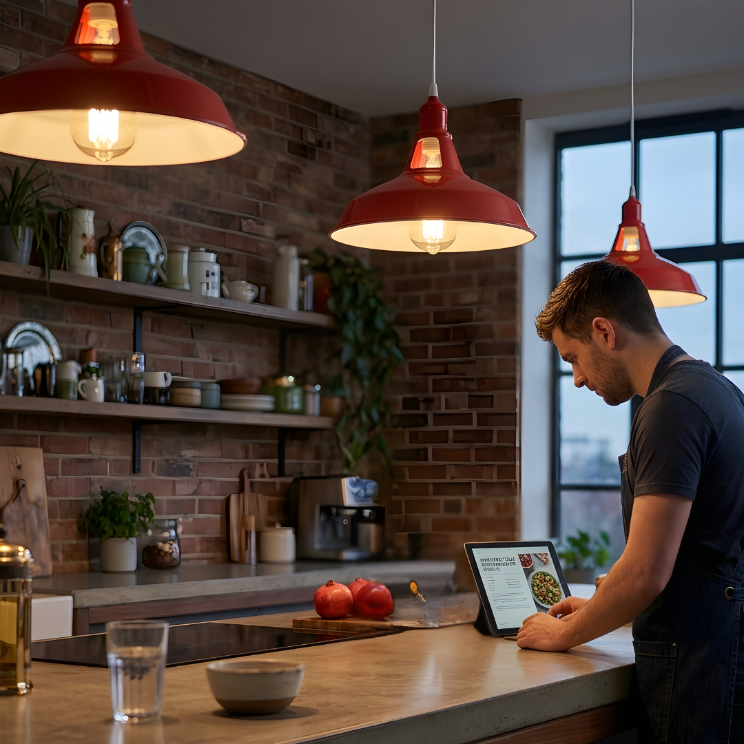 Man using a tablet in a kitchen with red pendant lights and a brick wall.