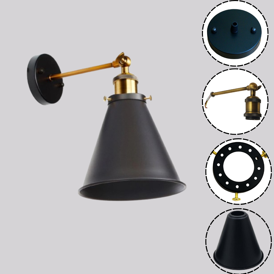 An industrial black metal adjustable wall sconce with a gold arm is presented alongside an exploded view of its main components: