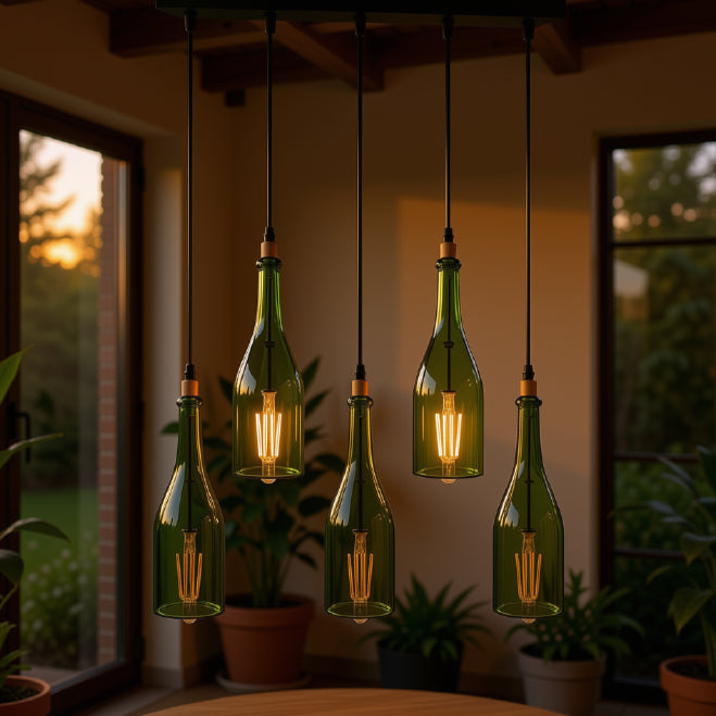 Five head wine bottle glass cluster pendant light over a bar counter