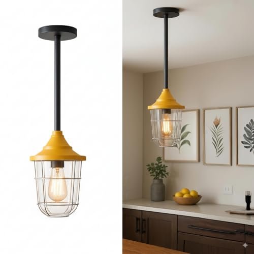 A split image showing a pendant light fixture on a white background on the left, and the same fixture hanging in a kitchen setting on the right. The fixture has a black metal rod and canopy, a bright yellow conical shade, and a clear wire cage around an exposed light bulb.