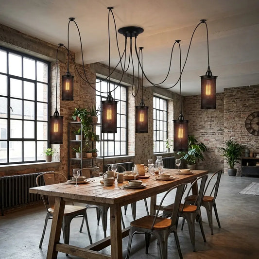 Dining room with wooden table, chairs, and pendant lights in a modern industrial setting.