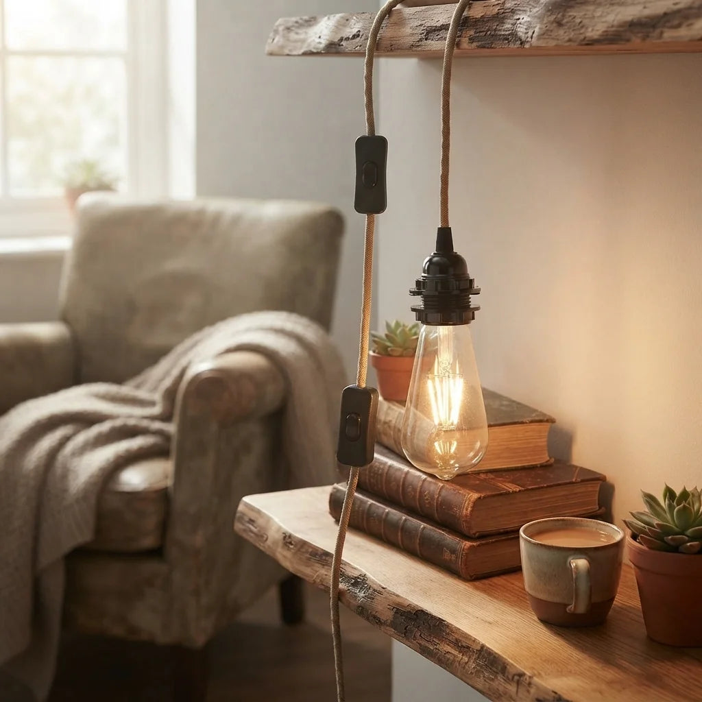 A rustic industrial-style pendant light with a warm glowing Edison bulb, hanging from a wooden shelf in a cozy living room setting with a chair and books in the background.