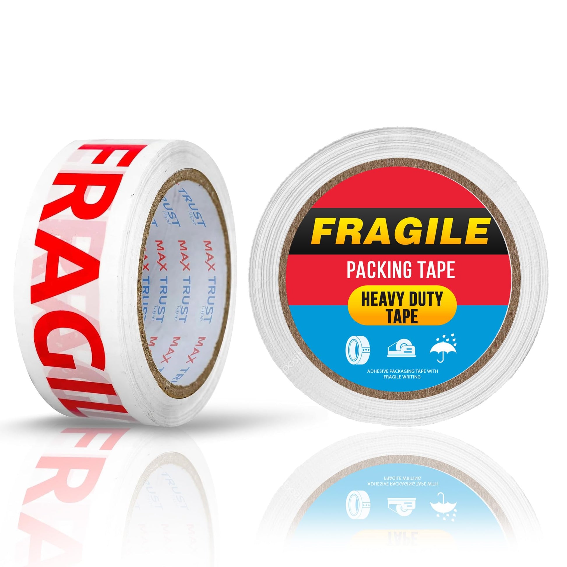 Two rolls of packing tape with 'Fragile' and 'Heavy Duty' labels on a white background.