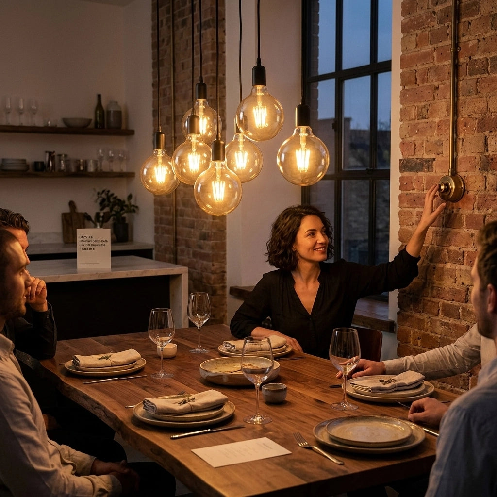 Group of people sitting around a wooden dining table in a cozy restaurant setting with warm lighting.