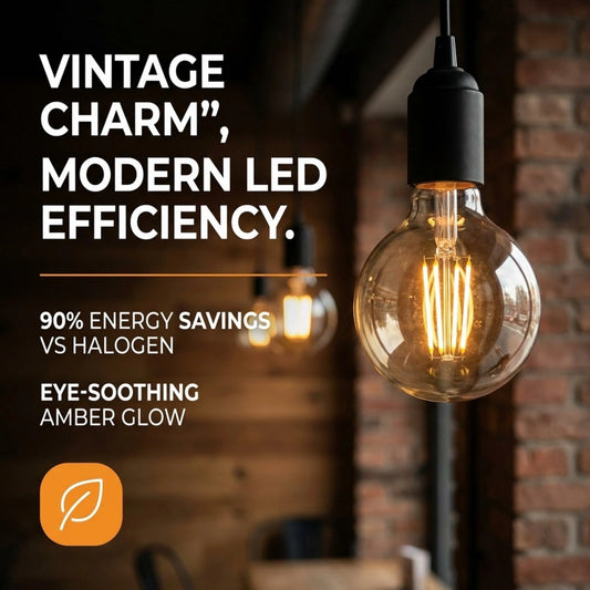Vintage-style LED light bulb with text highlighting energy savings and glow quality against a brick wall background.
