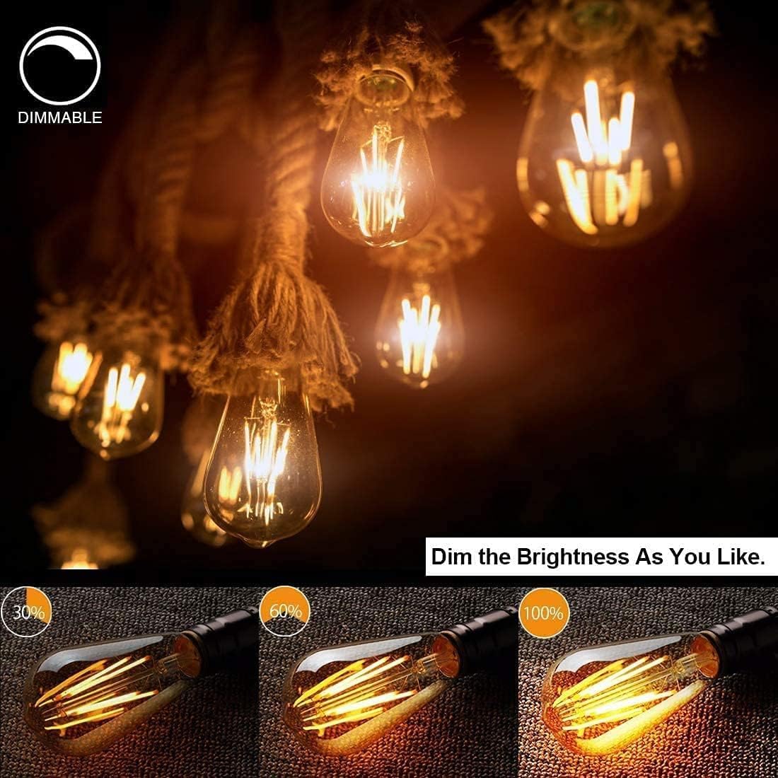 Vintage-style light bulbs with dimmable feature on a dark background