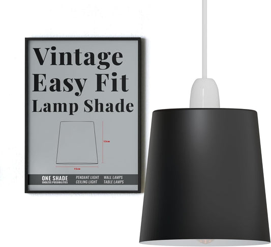 Pantalla de lámpara retro de fácil instalación, 13 cm, metal, E27, color negro mate, ~3900